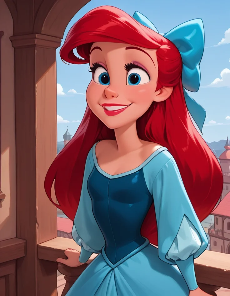 masterpiece, best quality, amazing quality, very aesthetic, absurdres, newest, detailed background, cowboy shot, 4k, 8k,
ralphstyle,
ariel, 1girl, long hair, blue eyes, red hair, solo, bow, hair bow, dress, lipstick, makeup, long sleeves, smile, blue dress, blue bow, balcony, looking at viewer,
<lora:Ariel_-_Disney_Illustrious:1>,
<lora:Ralph_Breaks_the_Internet_Style_-_Disney_Illustrious:1>