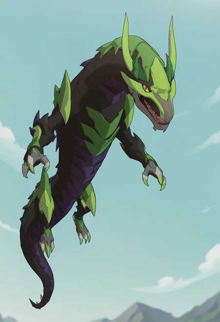 score_9, score_8_up, score_7_up, score_6_up, score_5_up, score_4_up, <lora:Phaedrus:0.85> solo, no humans, yellow eyes, teeth, sharp teeth, dragon, horns, spikes, flying, looking at viewer,
sky, blurry background,