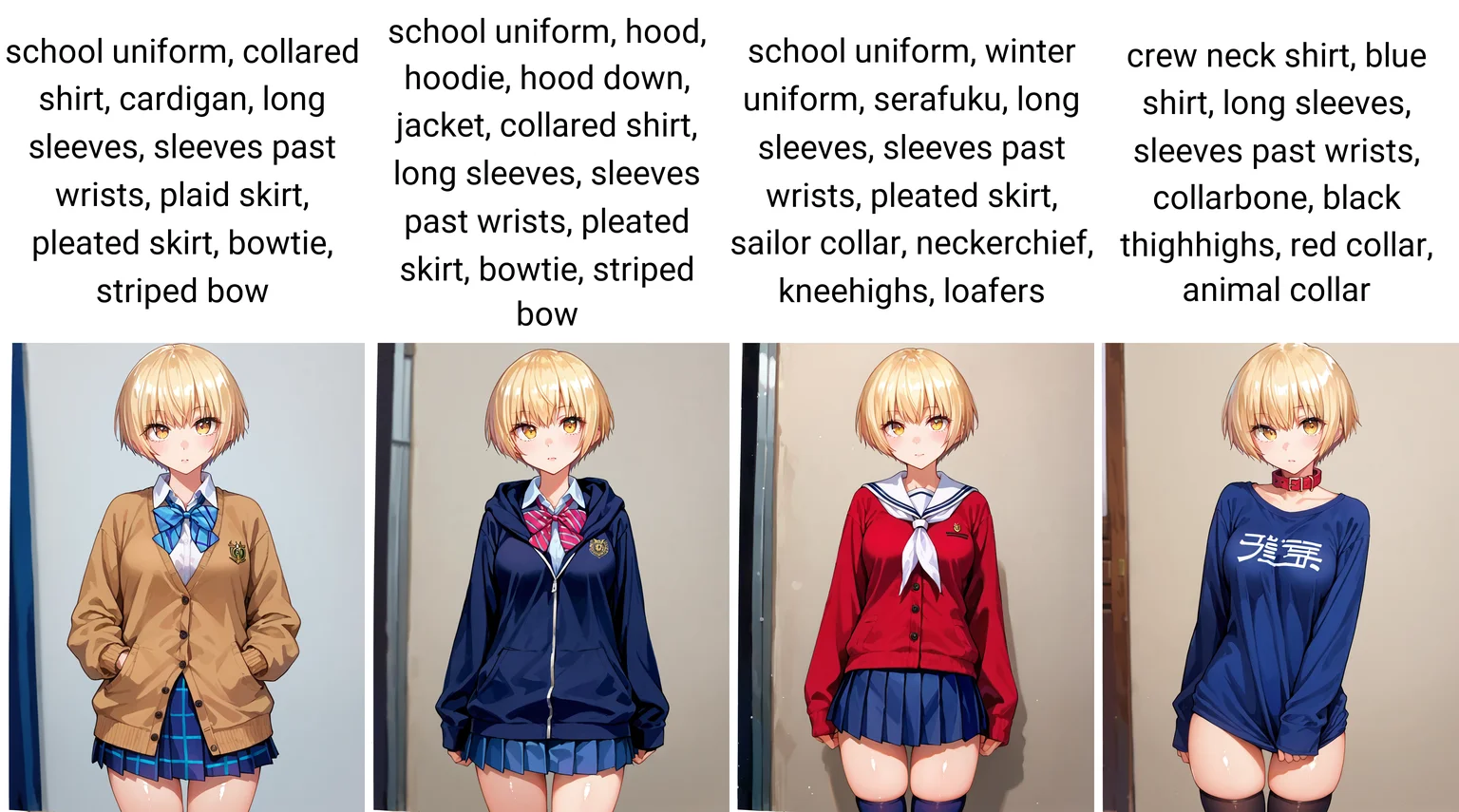 score_9, score_8_up, score_7_up, source_anime, anime screencap, anime coloring, masterpiece, best quality, traditional media, uncensored, 1girl, solo, (cowboy shot:1.2), shina kitajima, yellow eyes, blonde hair, short hair, bangs, medium breasts, school uniform, collared shirt, cardigan, long sleeves, sleeves past wrists, plaid skirt, pleated skirt, bowtie, striped bow, <lora:Shina Kitajima_Silhouette_Pony:1.0> cute face, shiny body, shiny skin, (skindentation:1.2), clear skin, shiny hair, ultra detailed eyes, depth of field, sharp, (intricate details, hyperdetailed:1.15)