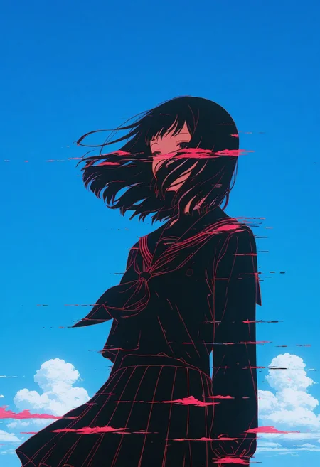 GLTST, Glitch, , 1girl, solo, school uniform, sky, serafuku, blue sky, cloud, sailor collar, skirt, wind, neckerchief, long sleeves, short hair, outdoors, day, shirt, medium hair, pleated skirt