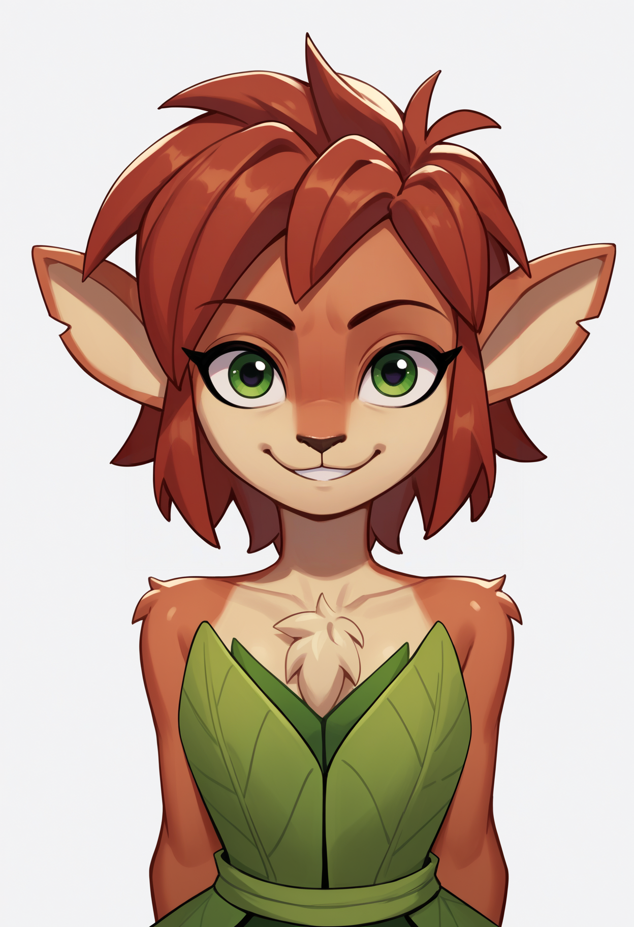 score_9, score_8_up, score_7_up, score_6_up, score_5_up, score_4_up, BREAK, source_anime,
1girl, elora, faun \(spyro\), red hair, mammal,  anthro, deer, green eyes, leaf dress,
hands behind back, smile, upper body, looking at viewer, solo, simple background, white background   <lora:EloraXL:1>