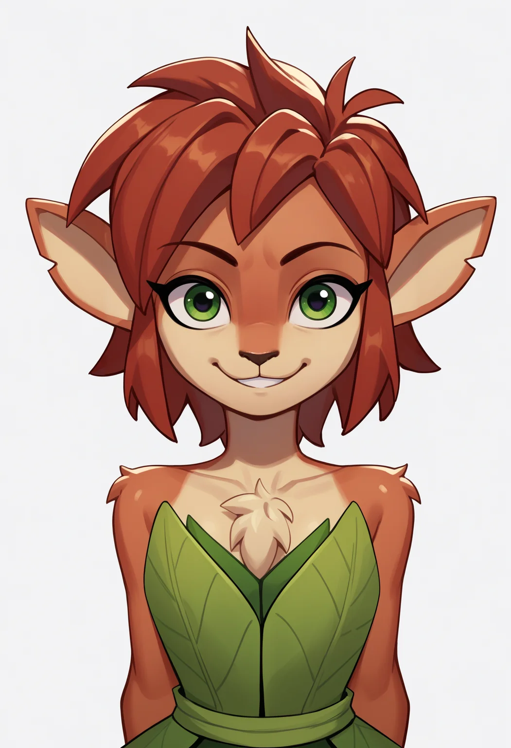 score_9, score_8_up, score_7_up, score_6_up, score_5_up, score_4_up, BREAK, source_anime,
1girl, elora, faun \(spyro\), red hair, mammal, anthro, deer, green eyes, leaf dress,
hands behind back, smile, upper body, looking at viewer, solo, simple background, white background <lora:EloraXL:1>
