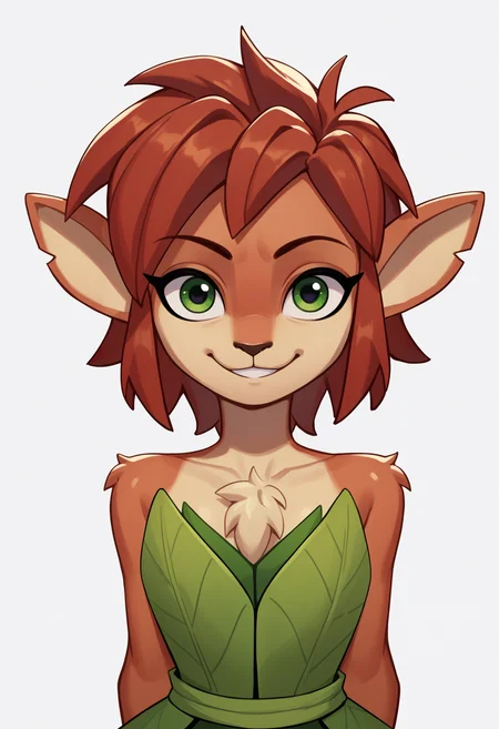 score_9, score_8_up, score_7_up, score_6_up, score_5_up, score_4_up, BREAK, source_anime,
1girl, elora, faun \(spyro\), red hair, mammal, anthro, deer, green eyes, leaf dress,
hands behind back, smile, upper body, looking at viewer, solo, simple background, white background <lora:EloraXL:1>
