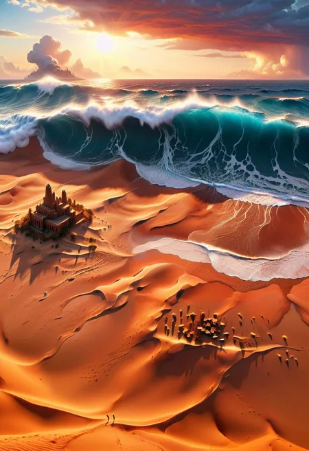 The relentless waves of the ocean crash against the shores of a desert city, an unlikely meeting of elements in a surreal landscape.Perfectly composed and meticulously detailed, this masterpiece captured in Octane mesmerizes in 8k resolution. Trending on ArtStation, it's an award-winning photograph that transports you to a realm of cosmic wonder, Surreal, epic, size play, vivid magic realism, tiny silhouettes from people showing how epic the scene is,   By Hans-Werner Sahm and Marc Adamus. 64K, UHD, HDR, octane render, depth by atmosphere, vivid color palette., depth by atmosphere, dynamic lighting.