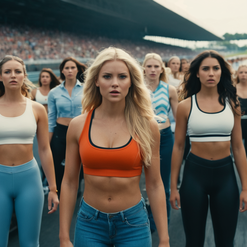 cinematic film still of  <lora:casting shadow style v2:1>
a group of women standing next to each other on a race track,long hair,looking at viewer,multiple girls,blonde hair,brown hair,black hair,navel,standing,outdoors,midriff,pants,6+girls,hands on hips,realistic,lineup , impact, crash, explosion, destruction, strike, wreck, smash, exploding cars, wrecked cars, cinematic shot, film, different color, real, collision, road rage, sport cars, sports car, car race, dismembering, falling, flying, accident, disaster, cinematic explosion, chaos, disintegration, high speed, vehicle, different sports car, flying debris, Muzzle blast, broken glass, sports car style, shallow depth of field, vignette, highly detailed, high budget, bokeh, cinemascope, moody, epic, gorgeous, film grain, grainy