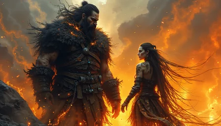 A burly Viking chieftain with a tangled, dark beard, stands amidst a desolate, fiery landscape. His eyes are intense, reflecting the flames that dance around him, casting long shadows that merge with the smoky, chaotic backdrop. He is adorned in tattered, fur-lined armor, his muscles bulging from beneath the remnants of his once formidable gear. Beside him, a scantily clad seeress with flowing, wind-swept hair, her garments barely covering her, made from a patchwork of animal hides and woven threads. Her eyes are a piercing blue, glowing eerily in the dim light, her hands outstretched as if she's communicating with the spirits or casting a spell. The scene is painted in the style of impressionism, with soft edges, vibrant yet muted colors, capturing the essence of an apocalyptic horror where the world is ending, but the human spirit, through these two figures, persists in its primal, raw form. <lora:style_of_Anato_Finnstark_FLUX_334:1> style of Anato Finnstark