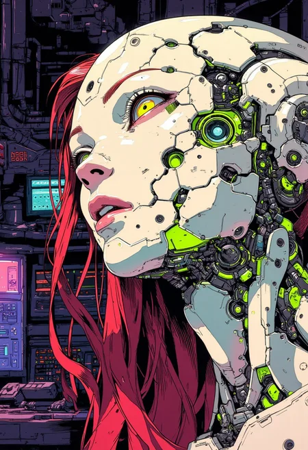 <lora:ck-Goro-Fujita:1>, digital artwork in the style of ckgf, A mesmerizing close-up portrait of an alien woman, her striking features blending extraterrestrial elegance with subtle mechanical elements. Her skin has a smooth, otherworldly texture, adorned with small, organic patterns. Her long, wavy hair cascades around her face, but in the Virtualboy-style palette of red, white, and black. Mechanical elements are seamlessly integrated into her face and neck—sharp, angular pieces emerge like delicate circuitry. The chiaroscuro-inspired lighting brings deep contrast, with bold shadows enhancing her alien beauty. The background features a cyberpunk workshop, and the limited palette emphasize the alien and mechanical features, while a soft green glow outlines parts of her face and hair, creating a futuristic yet nostalgic visual reminiscent of early handheld gaming
<lora:ck-nc-pastel-cyberpunk:0.3>
<lora:ck-MetalGearSolid:0.25>
<lora:RetroAnimeFluxV1:0.25>