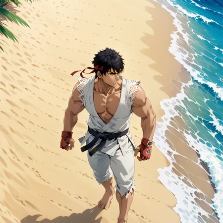 RyuSFXL, 1boy, <lora:RyuSFXL:1> walking along sandy beach, (anime, masterpiece, intricate:1.3), (best quality, hires textures, high detail:1.2), (4k),(incredibly detailed:1.4),UHD, 8K, ultra detailed