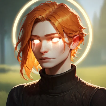 (((detailed, beautiful, high quality))), upper Body, score_9, score_8_up, score_7_up,
aasimar_scourge, glowing eyes, white eyes, halo, ((glowing tears)),
1male, ginger hair, freckles, black sleeveless sweater,
looking at the viewer, posing, blurred background, blurred fantasy background,