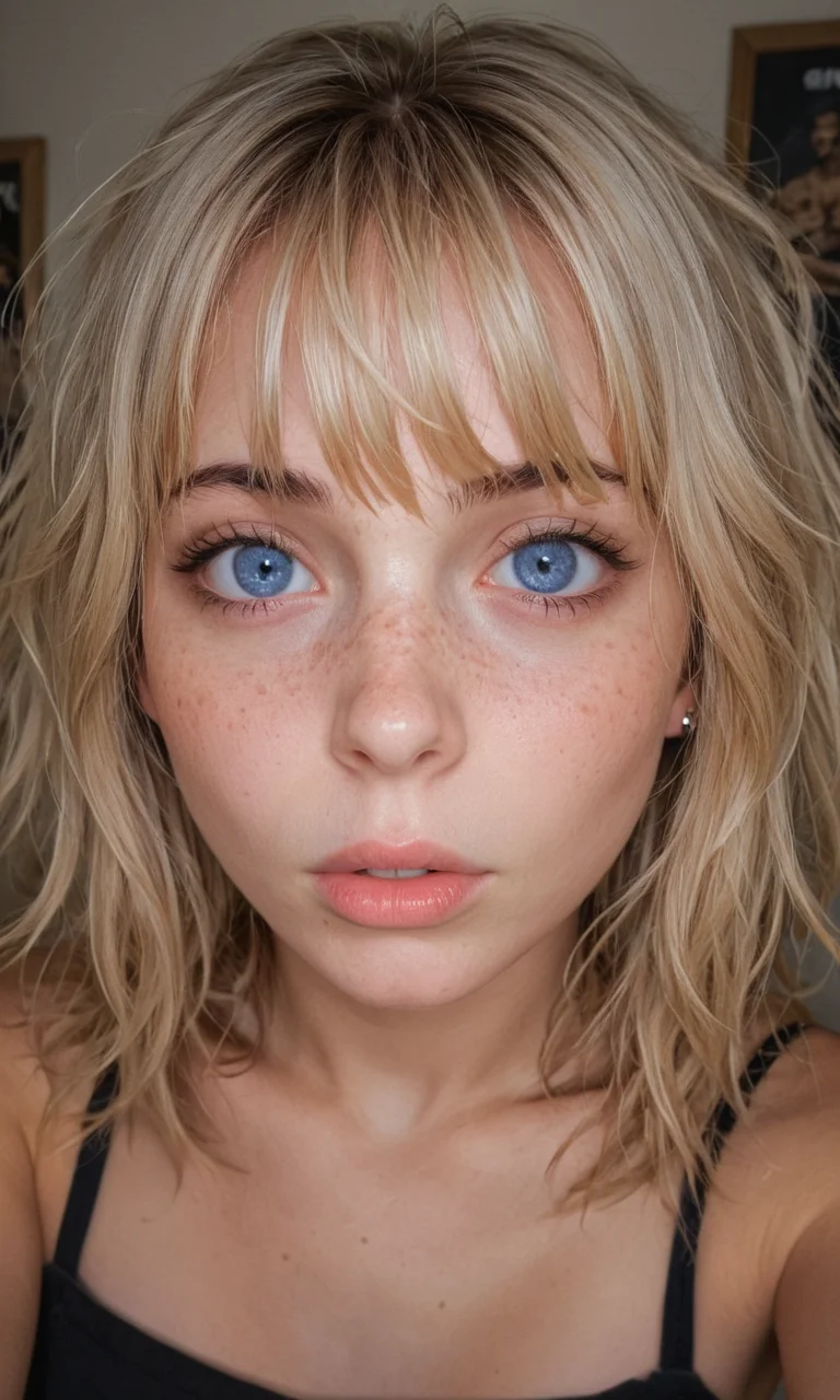 4k selfie with a surprised expression, deep focus, split-diopter lens, close-up, focus on her eyes, cluttered bedroom, posters on walls, ring lighting, long shaggy blonde (bangs between eyes, dark blue eyes, freckles, blush, natural lips, natural eyes, messy hair, black eyebrows, pierced eybrow) taking a selfie, bent forward, mirror behind in distance, her back can be seen in the reflection