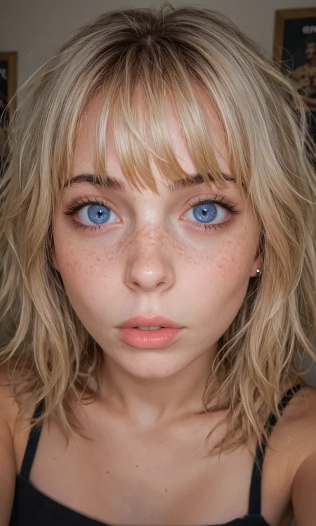 4k selfie with a surprised expression, deep focus, split-diopter lens, close-up, focus on her eyes, cluttered bedroom, posters on walls, ring lighting, long shaggy blonde (bangs between eyes, dark blue eyes, freckles, blush, natural lips, natural eyes, messy hair, black eyebrows, pierced eybrow) taking a selfie, bent forward, mirror behind in distance, her back can be seen in the reflection
