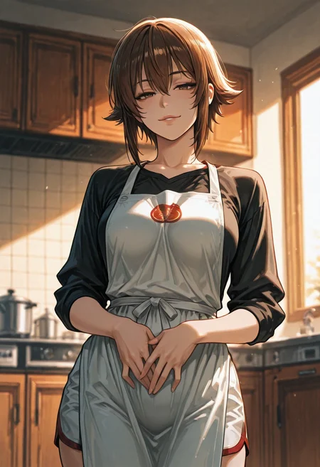 masterpiece,best quality,amazing quality,very aesthetic,absurdres,newest,detailed eyes,32k,ultra detailed, 1girl, 33, mature female, gblueck, brown hair, short hair, brown eyes, medium breasts, slender, pubic hair, naughty face, loose shirt, dolphin shorts, apron, kitchen, looking at viewer, indoors, evening, golden hour lighting, depth of field, rich details, adv style, shading, n0riuma_illu, sinozick_illu,arsmjstyle, <lora:MeMax5-noob-vpred:0.25> <lora:n0riuma_style:0.3> <lora:Sinozick_style:0.6> <lora:HyperdetailedColoredPencilIl:0.25> <lora:NOOB_vp1_detailer_by_volnovik_v1:1> <lora:illustriousXL_stabilizer_v1.23:0.3>
<lora:kotegawachisa-illu-nvwls-v1-000006:1>
<lora:Pregnancy slider IXLR2_alpha16.0_rank32_full_last:0.6>