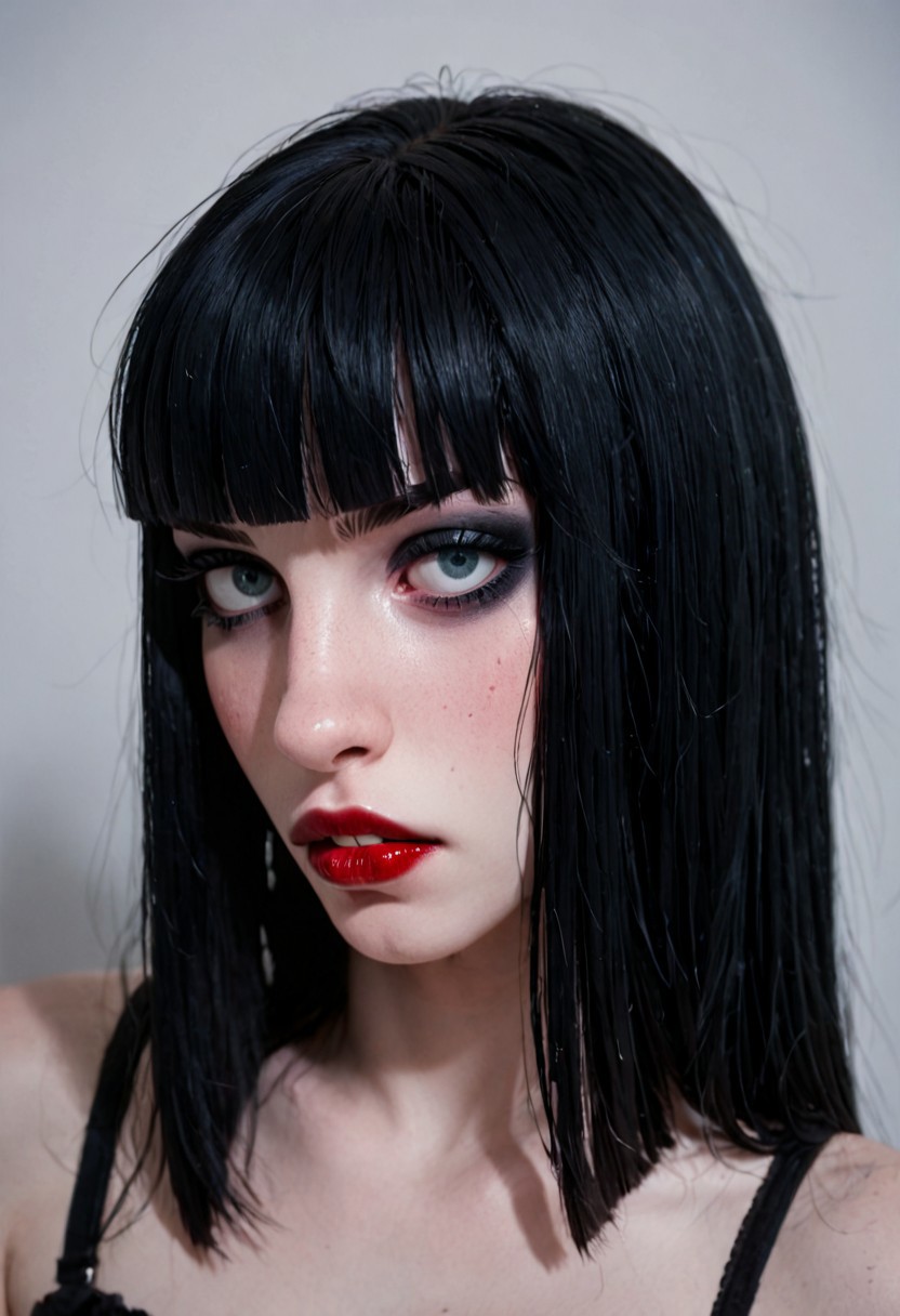 score_9, score_8_up, score_7_up, score_6_up, score_5_up, score_4_up, BREAK, RAW, horsefaced, teeth, medium_shot, 1girl, portrait of a beautiful goth, Horsefaced, black hair, black bangs, Blunt bangs paired with shoulder-length hair, pale skin, red lips, cute, eyeliner, makeup, seductive stare, tired eyes, upturned eyes, eyelashes, bangs covering forehead, long face, rectangle head, long nose, Goth Girl, looking at viewer, shelly duval, subtle smile, visible teeth, chubby cheeks, oval jawline, hair covering forhead, young woman