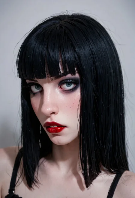 score_9, score_8_up, score_7_up, score_6_up, score_5_up, score_4_up, BREAK, RAW, horsefaced, teeth, medium_shot, 1girl, portrait of a beautiful goth, Horsefaced, black hair, black bangs, Blunt bangs paired with shoulder-length hair, pale skin, red lips, cute, eyeliner, makeup, seductive stare, tired eyes, upturned eyes, eyelashes, bangs covering forehead, long face, rectangle head, long nose, Goth Girl, looking at viewer, shelly duval, subtle smile, visible teeth, chubby cheeks, oval jawline, hair covering forhead, young woman