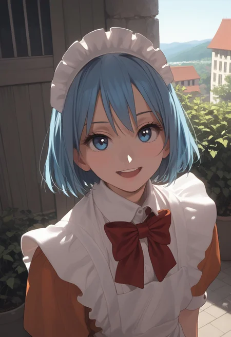 abbystea style, score_9, score_8_up, score_7_up, best quality, high detailed, BREAK
female, solo, long eyelashes, cute,
Chikoi the Maid, maid, white maids headband, blue hair, short hair, blue eyes, Red bow tie, orange maid suit
looking at you,
scenery porn, outdoors,
sunlight, high angle, face focus, saturated colors, smile, open mouth