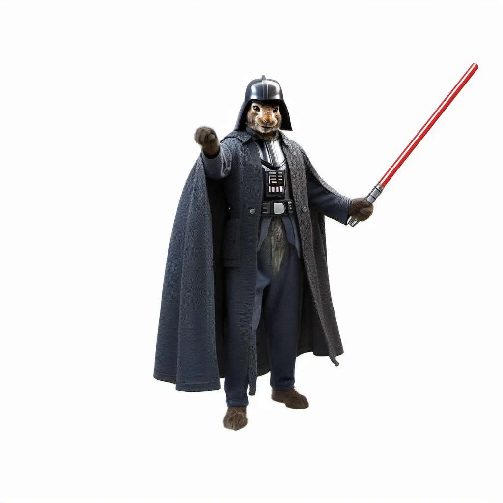 PeterRabbit1024, a rabbit with a helmet holding a red shining light saber in his hand and a white background, Edward George Handel Lucas, features intricate detail, a 3D render, dau-al-set <lora:PeterRabbit1024-000315:0.8>