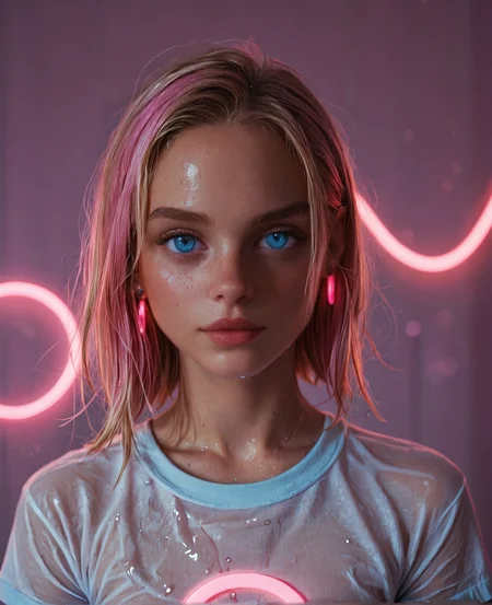 score_9, score_8_up, score_7_up, NEON, goosebumpskin, Expressiveh, 1girl, photography, 1girl, out of frame, (younger:1.2),smooth skin, extreme detail, portrait, perfect focus, small pink earrings, looking_at_viewer, t-shirt,  (blue and pink light:1.3), face very close up, eyes focus, blue_eyes, blacklight, glowing, neon light, wet skin, glowing skin, dark_background,  <lora:Faces\MJ52_v1.3_Li.safetensors:0.2:0.2> <lora:Faces\MJ52_v2.0.safetensors:0.2:0.2>