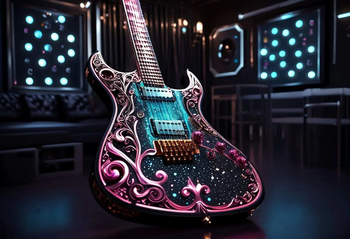 RAW photo of a very detailed reflective guitar with whimsical elements, completely dark studio, magical glowing guitar,( the room is dark:2), only light of source is coming from the guitar, cyan and pink neon, strong highlights, complimentary colors, reflective enviroment, spot lights, futuristic style, 90% black and 10% gold colors, big white diamonds on the guitar, strong depth of field, darkness, dramatic light, dusty black theme, intricate details, ultra sharp, exquisite detail, flawless composition, vivid colors, masterpiece, exciting background, timeless elegant and Exquisite