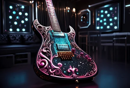 RAW photo of a very detailed reflective guitar with whimsical elements, completely dark studio, magical glowing guitar,( the room is dark:2), only light of source is coming from the guitar, cyan and pink neon, strong highlights, complimentary colors, reflective enviroment, spot lights, futuristic style, 90% black and 10% gold colors, big white diamonds on the guitar, strong depth of field, darkness, dramatic light, dusty black theme, intricate details, ultra sharp, exquisite detail, flawless composition, vivid colors, masterpiece, exciting background, timeless elegant and Exquisite