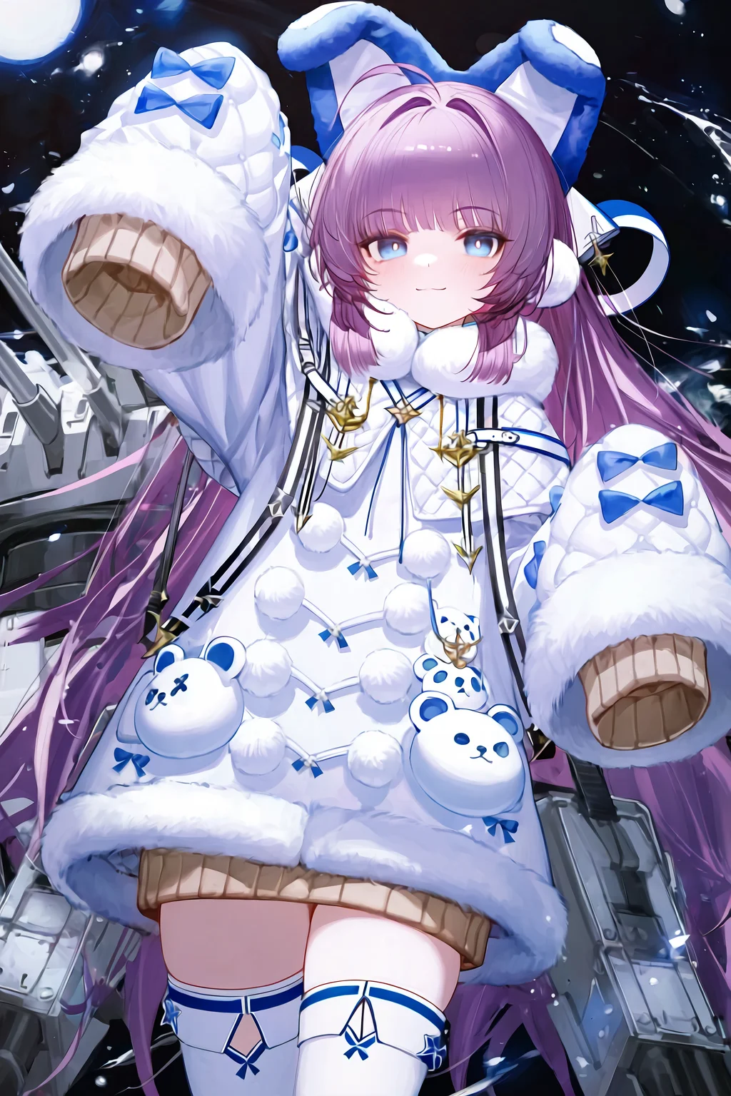 1girl, tashkent \(azur lane\), azur lane,
reoen, liduke, eboda-x, yuyumu, (ningen mame:0.907), ciloranko, noyu \(noyu23386566\), morikura en,
cowboy shot, animal ears, blue eyes, brown sweater, coat, coat dress, fake animal ears, fur-trimmed coat, fur-trimmed sleeves, fur trim, long hair, long sleeves, looking at viewer, purple hair, rigging, sleeves past fingers, sleeves past wrists, solo, sweater, thighhighs, very long hair, very long sleeves, white coat, white thighhighs, winter clothes, zettai ryouiki
very aesthetic, high definition, smile, ponytail, sleeveless sweater, closed mouth, sleeveless, arm up, amazing quality of life \(arknights\),
A young girl with long purple hair and blue eyes. she is wearing a white dress with black polka dots and has a pair of cat ears on her head. the girl is standing in front of a dark background with splashes of pink, blue, and green. there are also several other objects scattered around her, including a large robot-like figure on the left side of the image. the overall style of the illustration is anime-inspired.
masterpiece, best quality, very aesthetic, highres, absurdres, sensitive