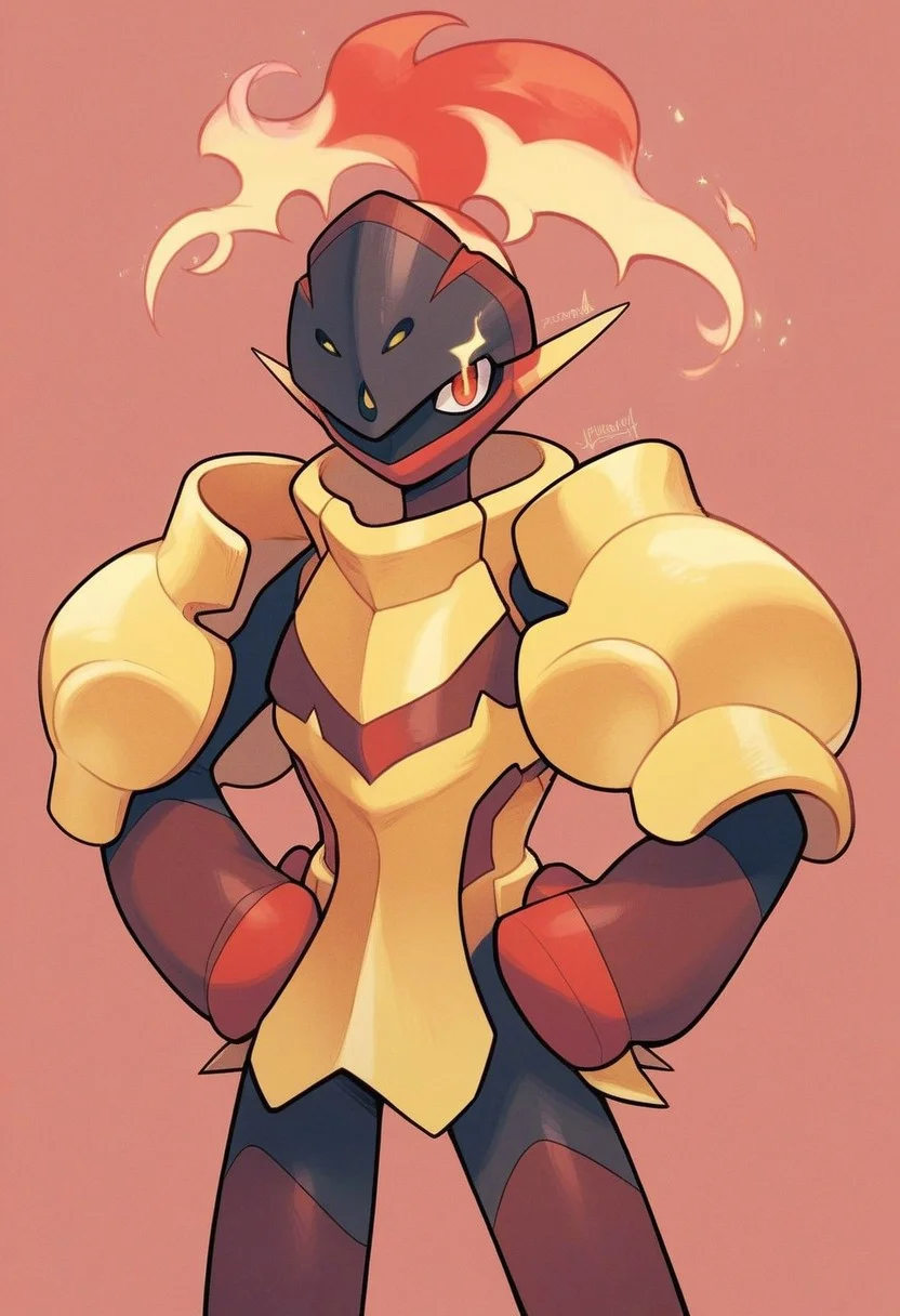 score_9, score_8_up, score_7_up, pokemon, (armarouge), male, estabilishing shot, confident pose, hands on hips, armor