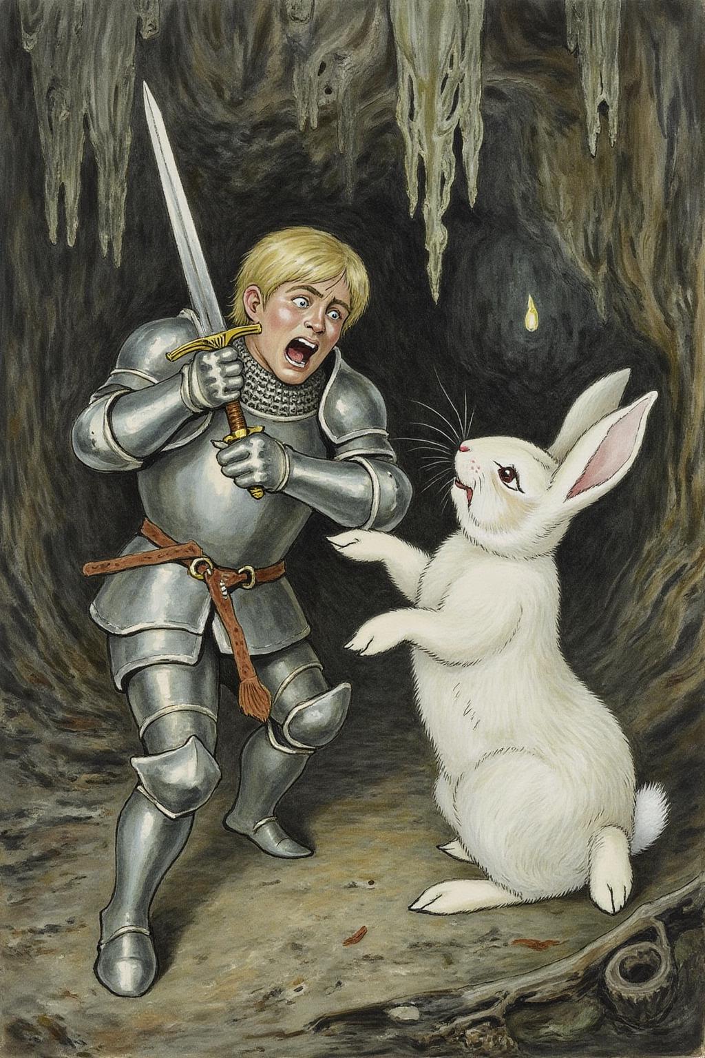 beatrixpotter1 illustration.
A knight fighting a white rabbit. The blonde knight, adorned with shining armor and a frightened expression, holds a sword with both hand. Background is an ominous cave, with stalactites hanging from the ceiling and a faint, eerie glow emanating from within. 
  <lora:beatrixpotter1_d8a4:1.0><lora:867288435033961053:0>