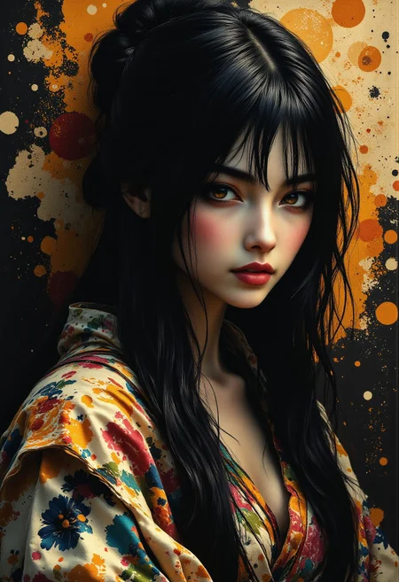 R3alisticF, midjourney_whisper_avant_couture, Inkplash art on rice paper, sepia, henna , inksketch, Silhouette Art, magnificent, dark background, inksplash portrait of stunning japanese woman, long dark hair with platinum streaks, sidelocks, bangs, seductive, sultry, lustful, red lips, direct gaze, light hitting one side of face, inksplash abstract background