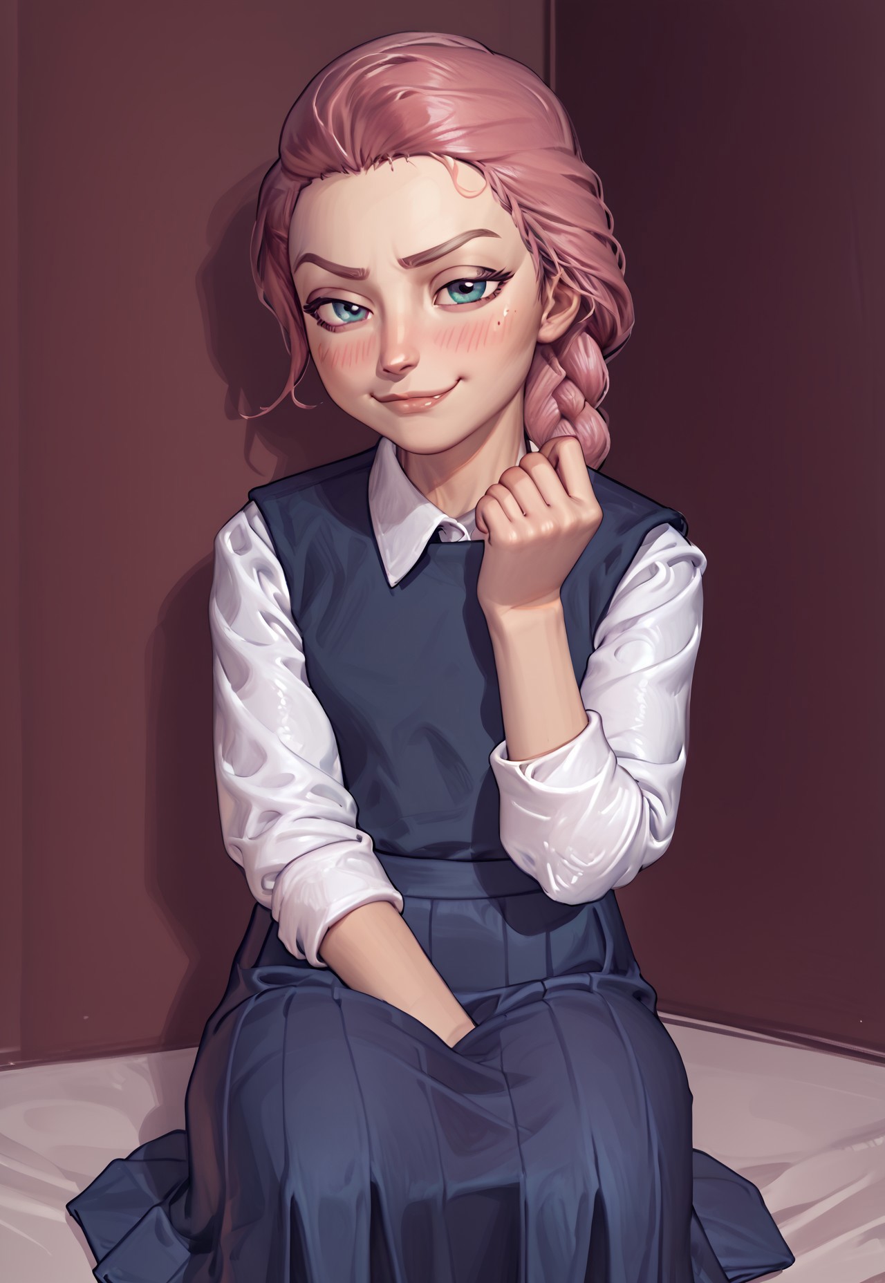 score_9, score_8_up, score_7_up, masterpiece, 4K, 2K,  traditional art, smugde, 1girl, solo, Katya_TB, flat chests, petite, young, smug, school_uniform, skirt, shy, blush, sitting, school, 