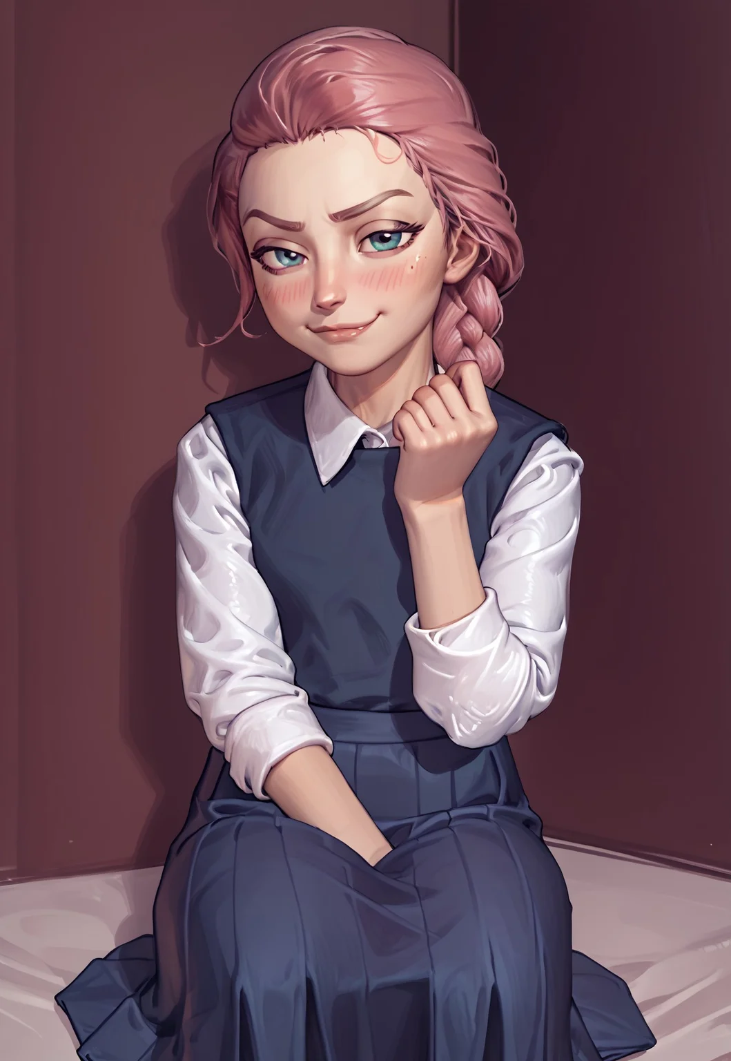 score_9, score_8_up, score_7_up, masterpiece, 4K, 2K, traditional art, smugde, 1girl, solo, Katya_TB, flat chests, petite, young, smug, school_uniform, skirt, shy, blush, sitting, school,
