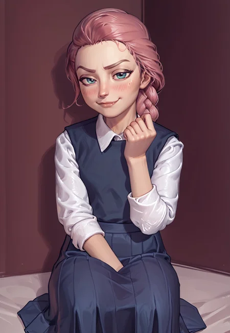 score_9, score_8_up, score_7_up, masterpiece, 4K, 2K, traditional art, smugde, 1girl, solo, Katya_TB, flat chests, petite, young, smug, school_uniform, skirt, shy, blush, sitting, school,