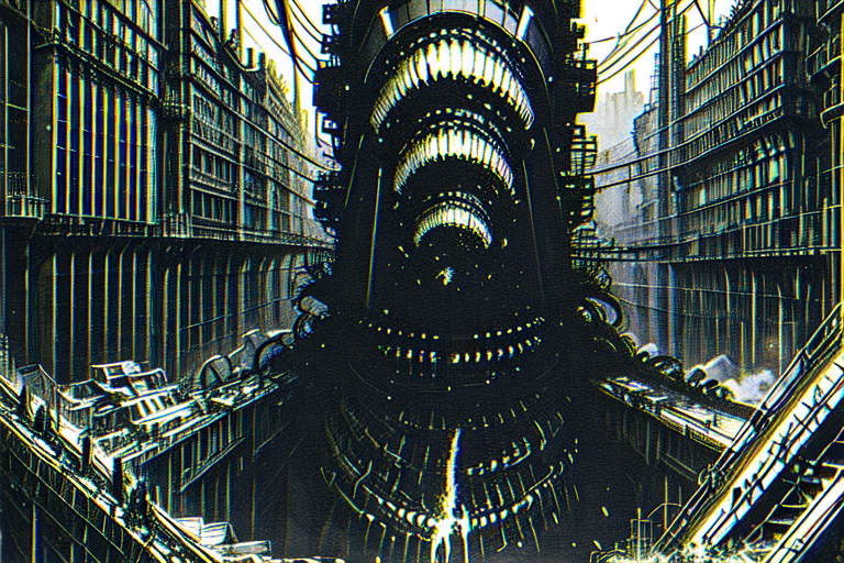 highly insanely detailed, masterpiece, top quality, best quality, highres, 4k, 8k, RAW photo, (very aesthetic, beautiful and aesthetic),  
tsutomu nihei,nihei_tsutomu,blame!,blame gakuen!,abara,TNstyle,sidonia_no_kishi,(giant room,mausoleum,megastructure in background,city ruins,deep horizon,tunnel,hangar),light particles,steam,mist,foggy,fog,dome,wire,machinery,blm,dystopia,destroyed,flock,futuristic,empty,dark background,open space,decrepit,vast scenery,perspective,cyberpunk,science fiction,no human,biomachine,bioluminescence, 
<lora:ABARA:0>, 
(1girl:1.3), 
solo focus, 
winter,deep purple background,âââ