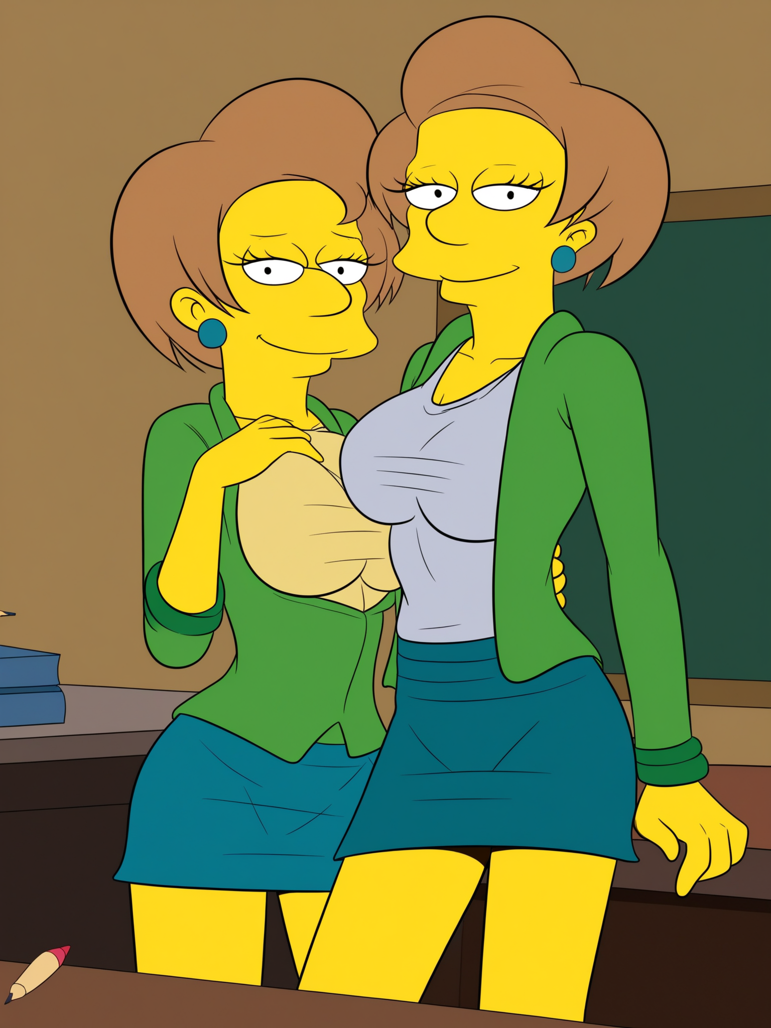 uncensored, score 9 up, score 8 up,
 <lora:[CROC (The Simpsons)] Old Habits Edna Character PonyXL:1>,edna_crocsimpsons, jewelry, brown hair, miniskirt, short hair, mature female, earrings, yellow skin, large breasts, pencil skirt, blue skirt, smile, half-closed eyes, 1girl, standing, looking at viewer,