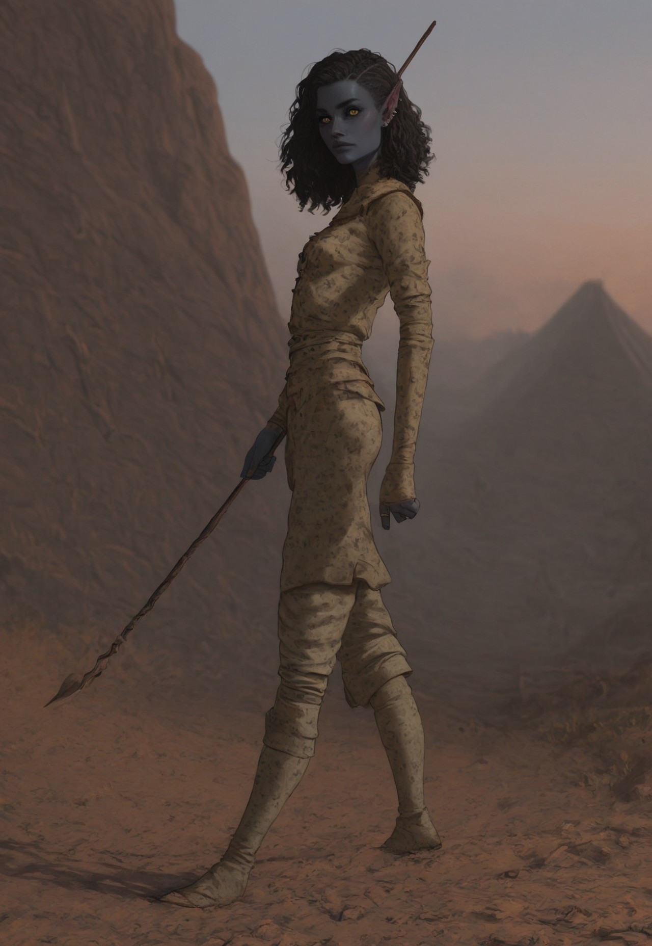 safe_pos, solo, short pointy ears, full body, running stance, piercings, random elf face, aquiline features, female dark elf, brow rings, beaded piercings, weathered skin, blue-grey skin, large nose, insect chitin armor, insect chitin helmet, insect chitin ornaments, stylized insect pattern, athletic build,  animated realism, zoomed out, Syrian features, torso, yurts, tents, native camp, elegant berber tapestries, dead desert trees, ash dunes, distant volcano, ashy soil, grey green foliage, distant grey hills, sunrise, gloomy lighting, grey fabric awnings, dark wood posts, light dust clouds, grey-blue skin, mahogany and ivory clothes, medium armor, bone plate armor, ivory straps and fittings, alien bone ornaments, grey wood neckguard, medium_breasts, crimson sclera, black pupils, blue-green light, neon, highly detailed, defined features, looking at viewer, three quarters view, from side, dynamic lighting, 29 years old, light and shadows, patterned cloth, joking expression, expressive eyes, detailed medieval clothes, short hair, wavy hair, thick hair, beaded hair, braided hair, under cut hair, semirealistic, alien elf, spanish features, jewish features, black hair, dark red hair, desaturated blue skin, sharp features, pastel green inuit print cloak, nighttime, high detail, absurdres, pretty eyes, detailed eyes, yellow eyes, facefix, detailed face, wielding insect chitin spear, shortspear