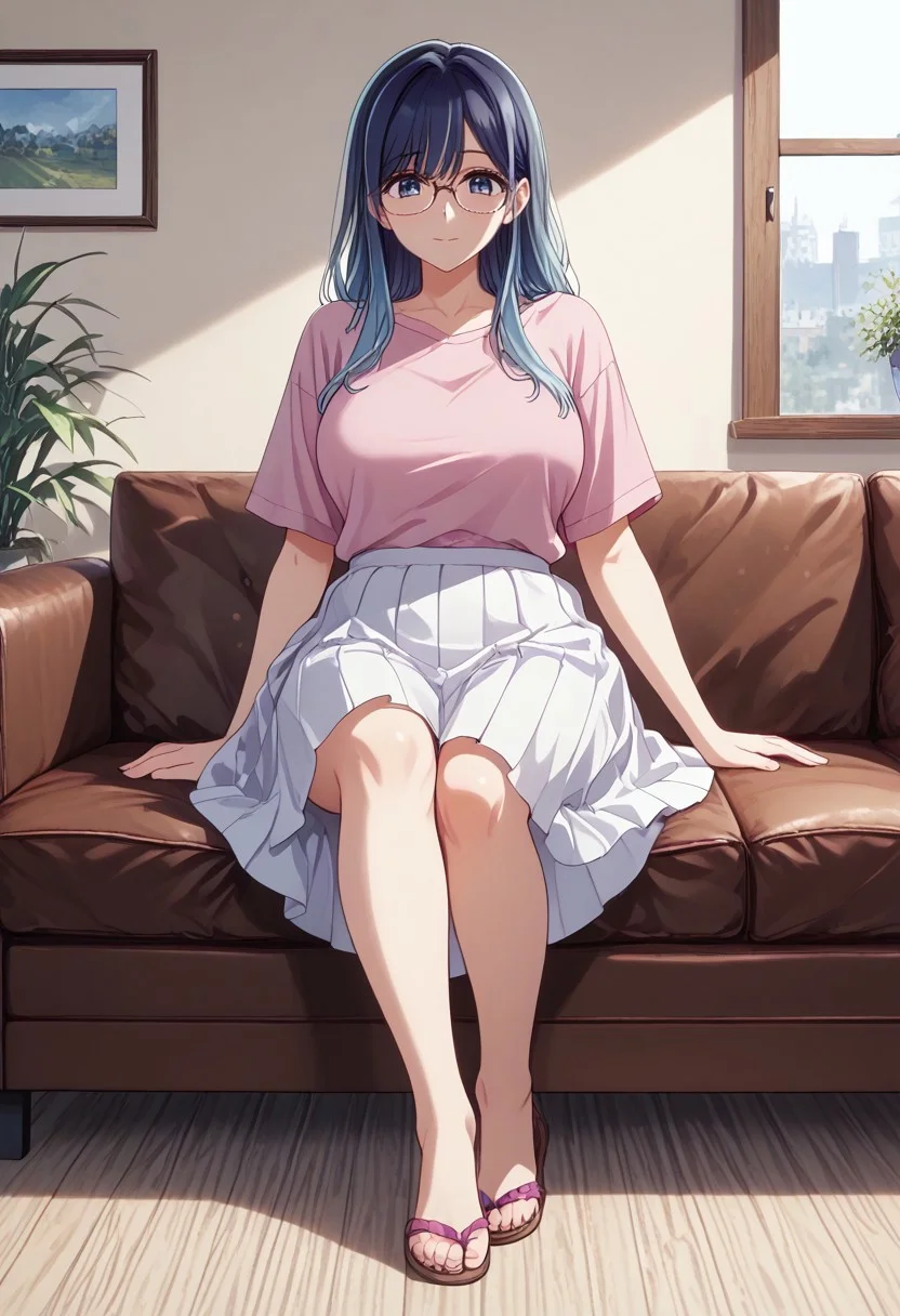 safe_pos, score_9, score_8_up, score_7_up, (masterpiece, detailed:1.2), (best quality:1.2), (High Resolution), (More Details), (8K), (High Resolution), female focus, sharp focus, newest, ultra-detailed, 1girl, solo, mature woman, milf, akane kurokawa, long hair, bangs, large breasts, blue eyes, high gradient eyes, black hair, blue hair, multicolored hair, gradient hair, Glasses, Megane, face, shirt, pink t-shirt, pleated skirt, white skirt, flip-flops, full body, various expressions, sitting on the sofa, living room,