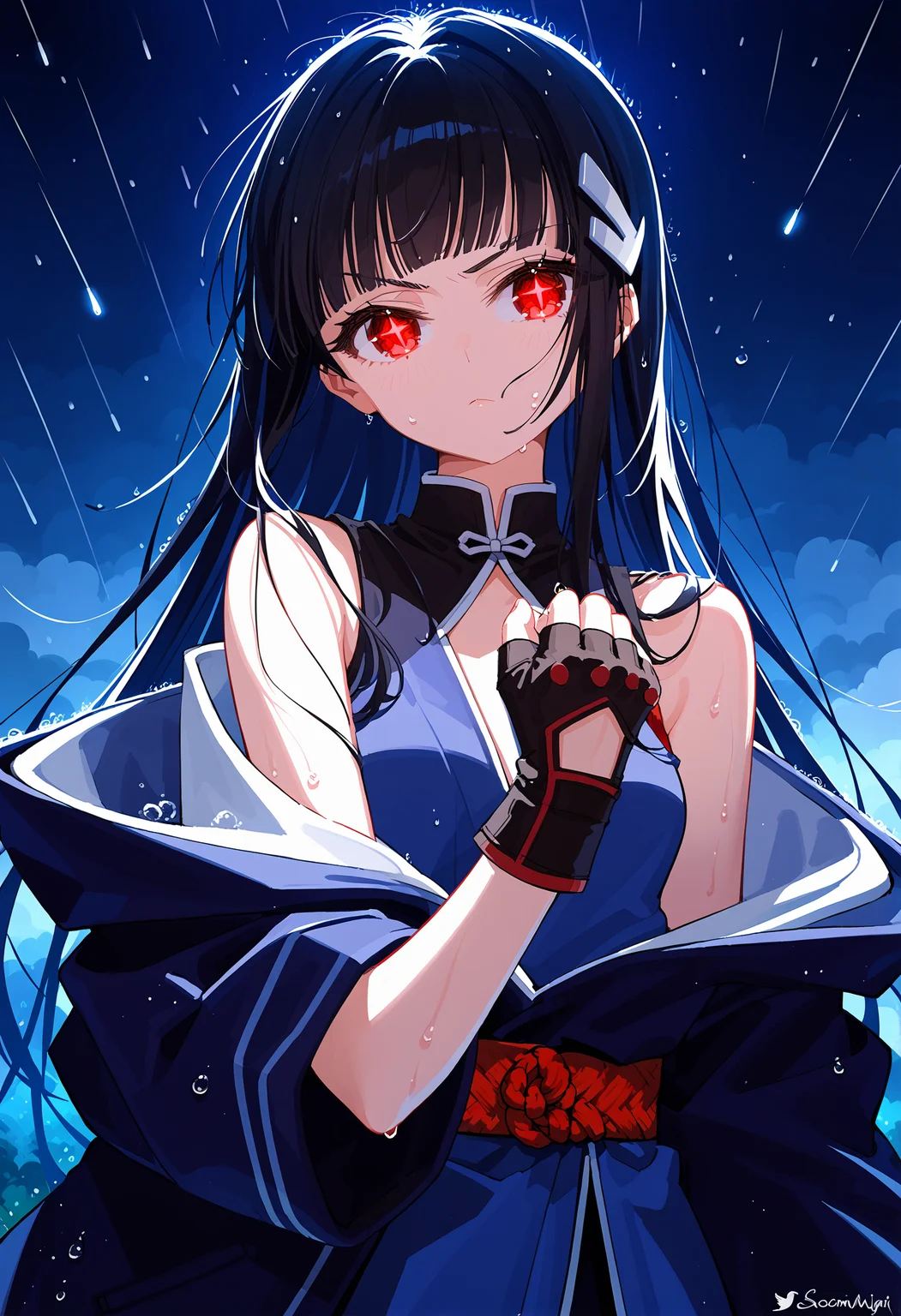 score_9, score_8_up, score_7_up,source_anime,rating_explicit,uncensored,anatomically correct,best perspective BREAK
osanai0804style<lora:osanai0804styleV1.5:1>
night, dark_theme, night_background, rain, rain_drop, storm, storming,
1girl, solo, close-up, upper body, petite,
fingerless gloves, fighting stance, serious, looking at viewer, thunder,
black hair, blunt bangs, long hair, hair ornament, kimono, off shoulder, red eyes, glowing eyes,