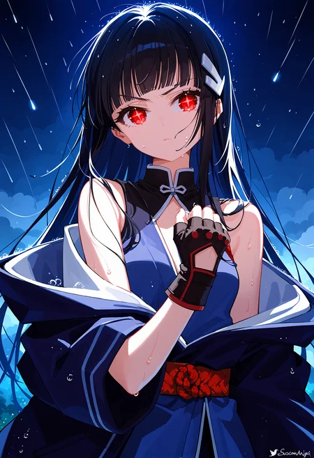 score_9, score_8_up, score_7_up,source_anime,rating_explicit,uncensored,anatomically correct,best perspective BREAK
osanai0804style<lora:osanai0804styleV1.5:1>
night, dark_theme, night_background, rain, rain_drop, storm, storming,
1girl, solo, close-up, upper body, petite,
fingerless gloves, fighting stance, serious, looking at viewer, thunder,
black hair, blunt bangs, long hair, hair ornament, kimono, off shoulder, red eyes, glowing eyes,