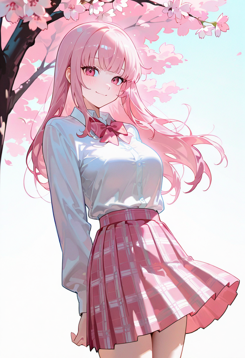 1girl,solo,looking at viewer, echo (circa),ksg skirt, plaid skirt, white shirt,school uniform, pink bow, pink skirt, mori_calliope,cherry blossoms,smile,blush,