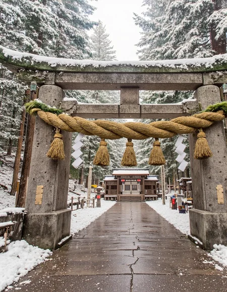 OldJapan style photo of a shimenawa on top of a torii gate in winter
