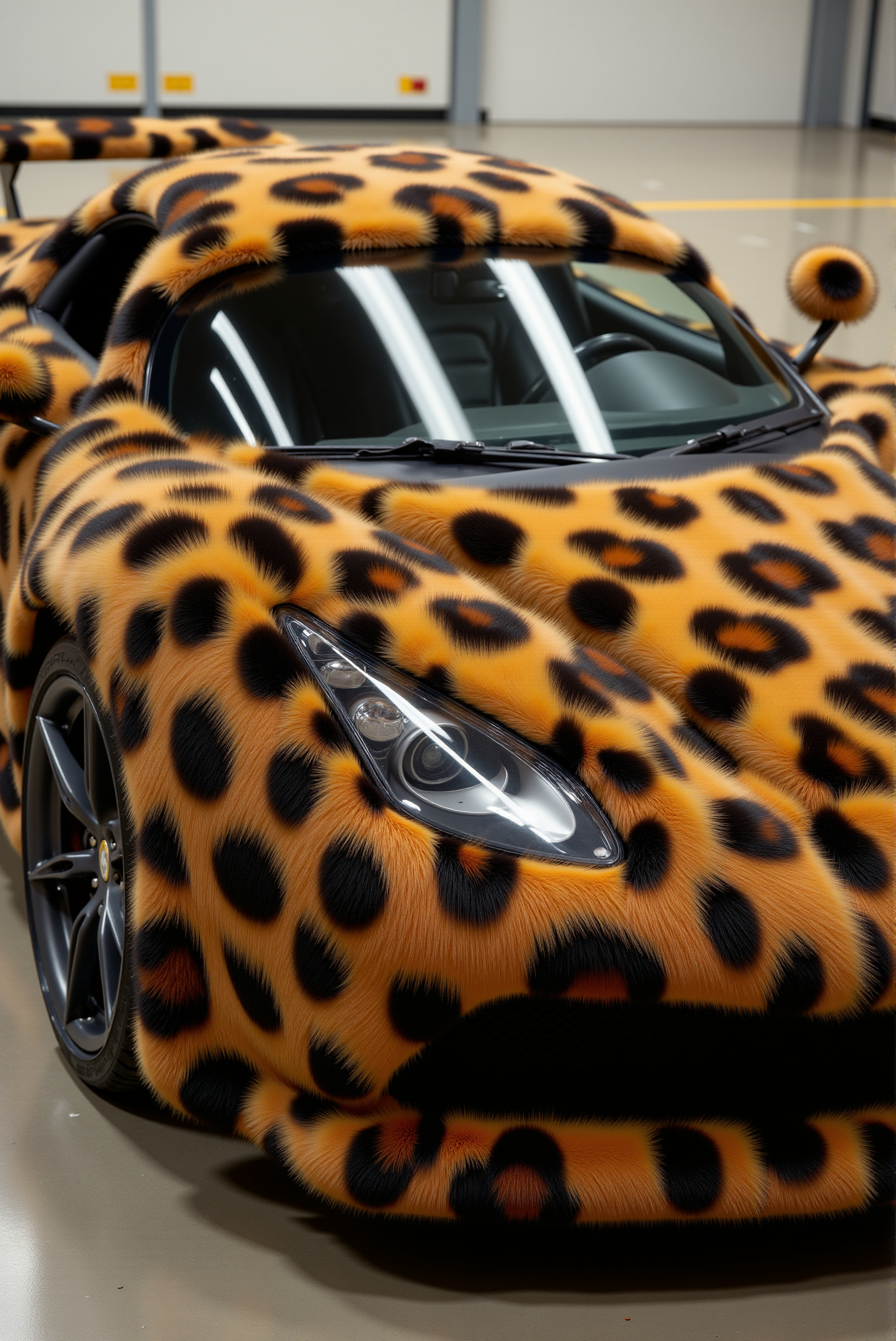 <lora:Fluffy_fur_2:0.8> FluffyFur.  A  sports car made entirely of  Leopard fur. ( motorsport ad photo  style).