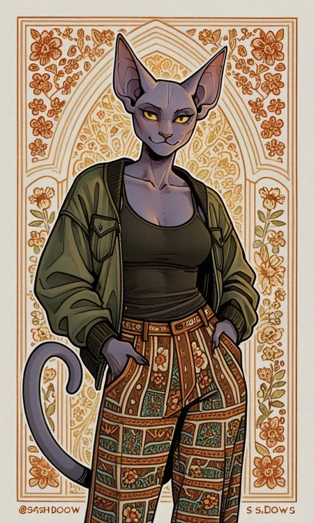 female, solo, cute face, sphynx \(cat\), anthro, cat's nose, cat ears, Hands in pockets, slim body, sporty body, tail,
Naughty pose, sexy Provocative pose,
black fur-lined jacket over a black low-tank top, patterned pants, s4sh4dow, floral background, colorful, <lora:SaShadowArt-illustrious:1>