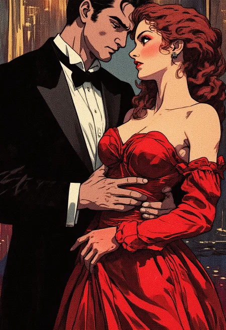intricated details, vantablack, a man is touching a woman's boobs with one hand, and the woman is super furious about it. Her face is more red than a tomato. The man wears a tuxedo and the woman wears a long dress.