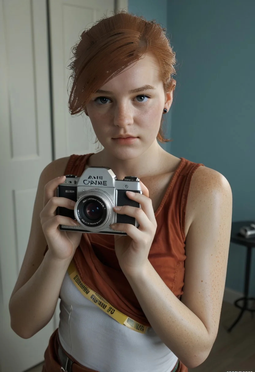 score_9, score_8_up, score_7_up Mary Jane freckles clothes taking pics with a camera of a crime scene yellow taped off area