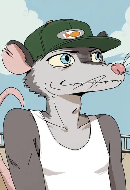 Score_9, score_9_up, solo, 1boy, furry, animal, oppossum, pink nose, blue eyes, grey fur, rat tail, opossum tail, animal ears, tank top, cap, green cap, shorts, socks, flip flops, sandals, wiskers, portrait, head close up, close shot, nigth sky, Expressiveh