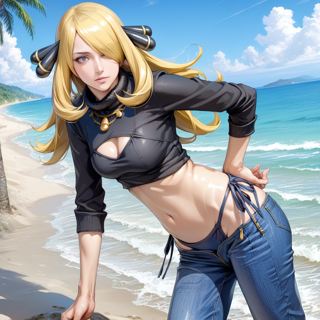 artist style:Urushihara Satoshi, source_hentai, source_anime, masterpiece, score_9, score_8_up, score_7_up, source_anime, shiny oild skin,  real, realistic, Cynthia, blonde, face, eyes, Cynthia\(Pokemon\) 1girl, meme_attire, (bikini_jeans:1.0), pants, panties, side-tie panties, highleg_bikini, clothing cutout, denim, lowleg_pants, denim_bikini, bikini_jeans, clothing_cutout, beach, blue sky,