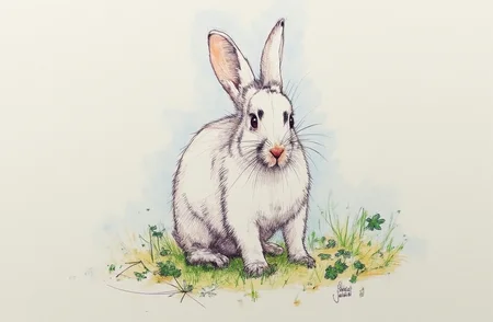 Sharp image of a rough sketch, rendered in vibrant multi colour ballpoint pen, capturing the adorable features of a white rabbit with black spots on its face and ears. It is standing on a patch of green grass and is looking directly at the camera. The rabbit appears to be in a garden or a wooded area, as there are small plants and leaves scattered around it. The background is blurred, but it seems to be a sunny day. The overall mood of the image is peaceful and serene. p3nsk, <lora:p3nsk:1>