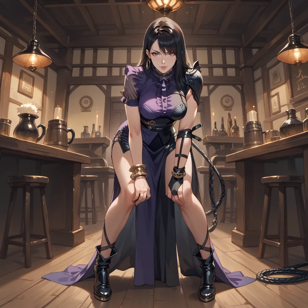 score_9, score_8_up, score_7_up, best quality, masterpiece, source_anime, zPDXL3, BREAK, in a tavern, dim lights ,,,<lora:arisha_vindictus:1>, arishaspellwhip, black hair, Leaning forward, hands braced on knees,