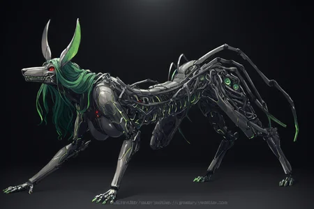 score_9, score_8_up, score_7_up, score_6_up, score_5_up, score_4_up, BREAK, source_anime, solo, 1girl, rating_safe, ((mature female)), ((long green flowing hair)), mechanical parts, ((plastic, polymer, metal body)), (big mechanical rabbit ears), mature female, (bunny ears), (animal ears), subdermal port, ((milf, mature female, big breasts)), hexagon lines in skin, naval uniform overcoat, naval uniform, white military uniform, dress_uniform, ribbons, ((red eyes)), bunny tail, rabbit tail, aiguillette, ((green hair)), ascot, ((Eye-level angle view Extreme Close shot (focus on waist), Leaning forward, hands on the ground )), pilot suit, shoulder cutout, bunny rabbit Tail, ((hair over one eye, )), digitigrade, clawed feet, minimal clothes, ((metal skin, shiny skin, vampire aesthetic, digital eyes, filled eyes, monochromatic eyes, glowing eyes, colored sclera, red sclera, mechanical eyes, partially shaded face, slit pupils, angular, minimal face, minimalism, narrow eyes, large eyes)), (anubis \(mythology\), anubis \(mythology\), ), <lora:Pony_DetailV2.0:1.5>, <lora:age_slider_v4:4>, ((dark, shaded, black background, horror, GREEN HAIR,)) <lora:ECHANIS:0.7>,    <lora:SqueakyRem_Style:1>