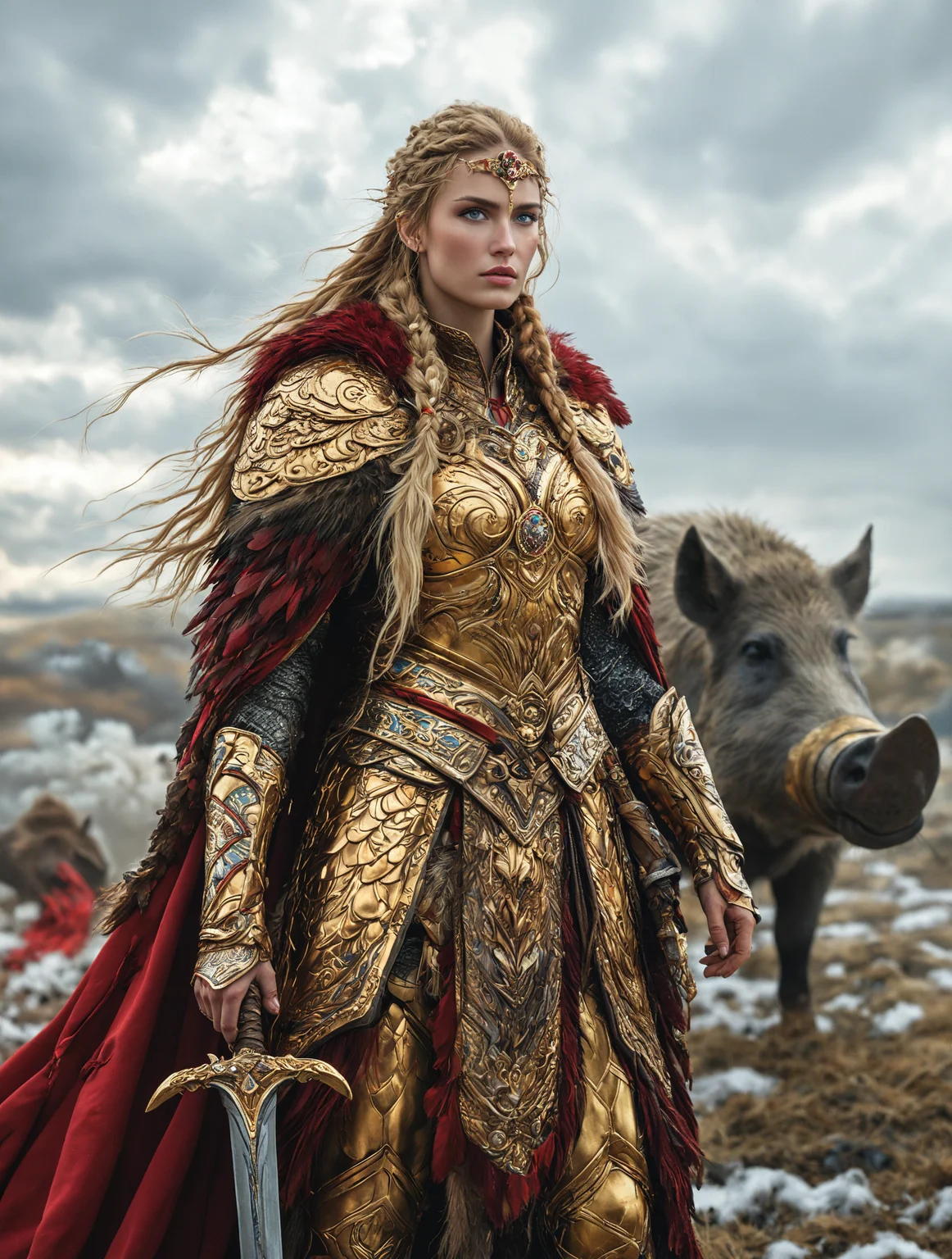 breathtaking detailed, masterpiece, absurdres, awe-inspiring, best quality, vibrant colors, nbn-freyja, blinde hair, braids, golden armor, red feathered cloak, runes, holding sword, boar in background, cloudy sky, cinematic lighting, full body shot<lora:sdxl_NBN-Freyja_NordicByNature.safetensors:0.8:0.8>