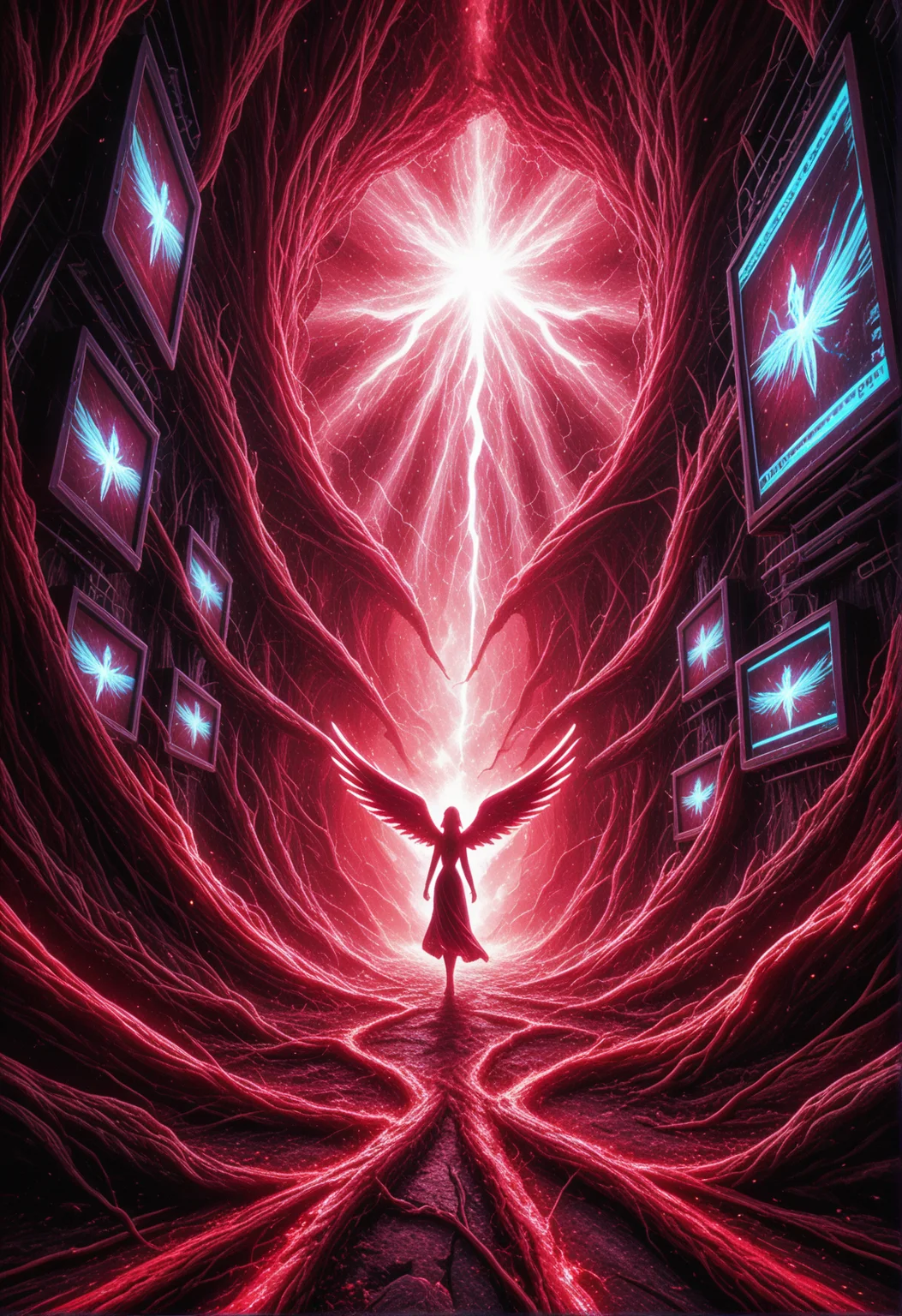 dark silhouette of a dissolving winged figure walking towards the viewer with glowing eyes, an imploding red-pink neutron star in the background, stark red-pink backlighting, canyon environment disintegrating into particles floating upwards, arcs of lightning tear the heavens apart, the rusty ground is breaking, (high contrast, highly detailed, chromatic aberration, glitching, angel, screen tearing, displacement artifacts:1.65) <lora:p_Blood_Forest_absurd_reality> <lora:xl_glitch_blood_APOC> <lora:xl_spo_sdxl_10ep_4k-data_lora_webui>