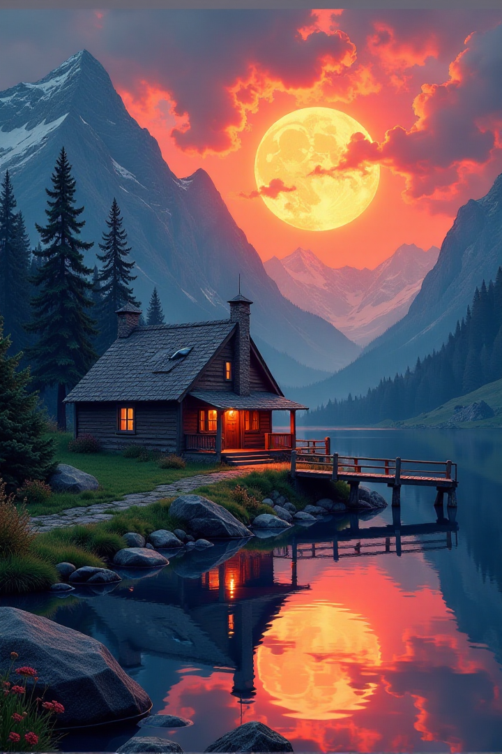 yfg-durer, Digital illustration style, rustic cottage beside a reflective river under a dramatic sky, intense fiery sun with swirling clouds and lightning, snow-capped mountains and pine trees in the background, vivid reflection on the calm water, wooden bridge leading to the house, dark and light with intricate textures and vibrant colors. The scene should include a rich variety of elements, each contributing to the overall atmosphere. Lighting should be soft, diffused, and natural, enhancing the depth and realism of the scene. The mood is to be calm yet vibrant, creating a sense of serenity and wonder. Every detail in the scene should be meticulously rendered, emphasizing the contrast between light and shadow, and capturing the fine textures and subtle gradients. The color palette should be carefully chosen to evoke emotion, with each hue enhancing the aesthetic appeal of the overall composition. The final image should be immersive and captivating, drawing the viewer into its intricately detailed world.âââ